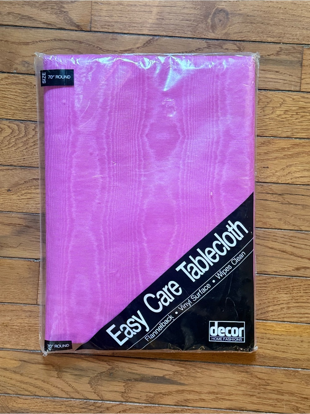 Vintage 1986 Fuchsia Pink Moire Vinyl Tablecloth 70” Round Easy Clean Care Retro